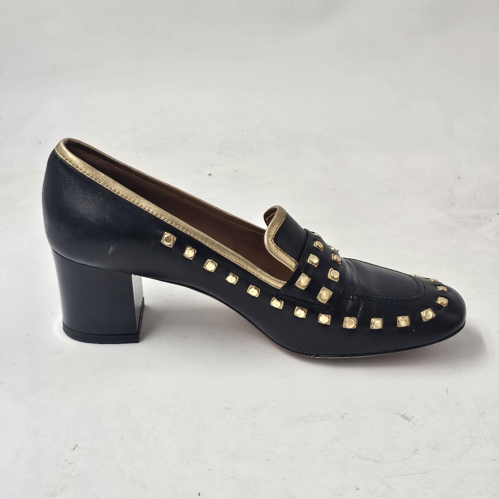Tory Burch Studded Block Heel Loafer Pump Black Gold Leather Left Shoe 6.5 US - Picture 3 of 11